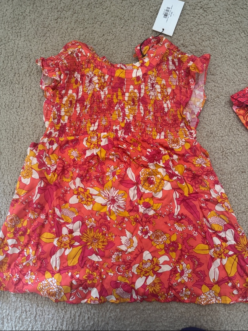Floral Smocked Short Dress in Coral, Yellow & White
